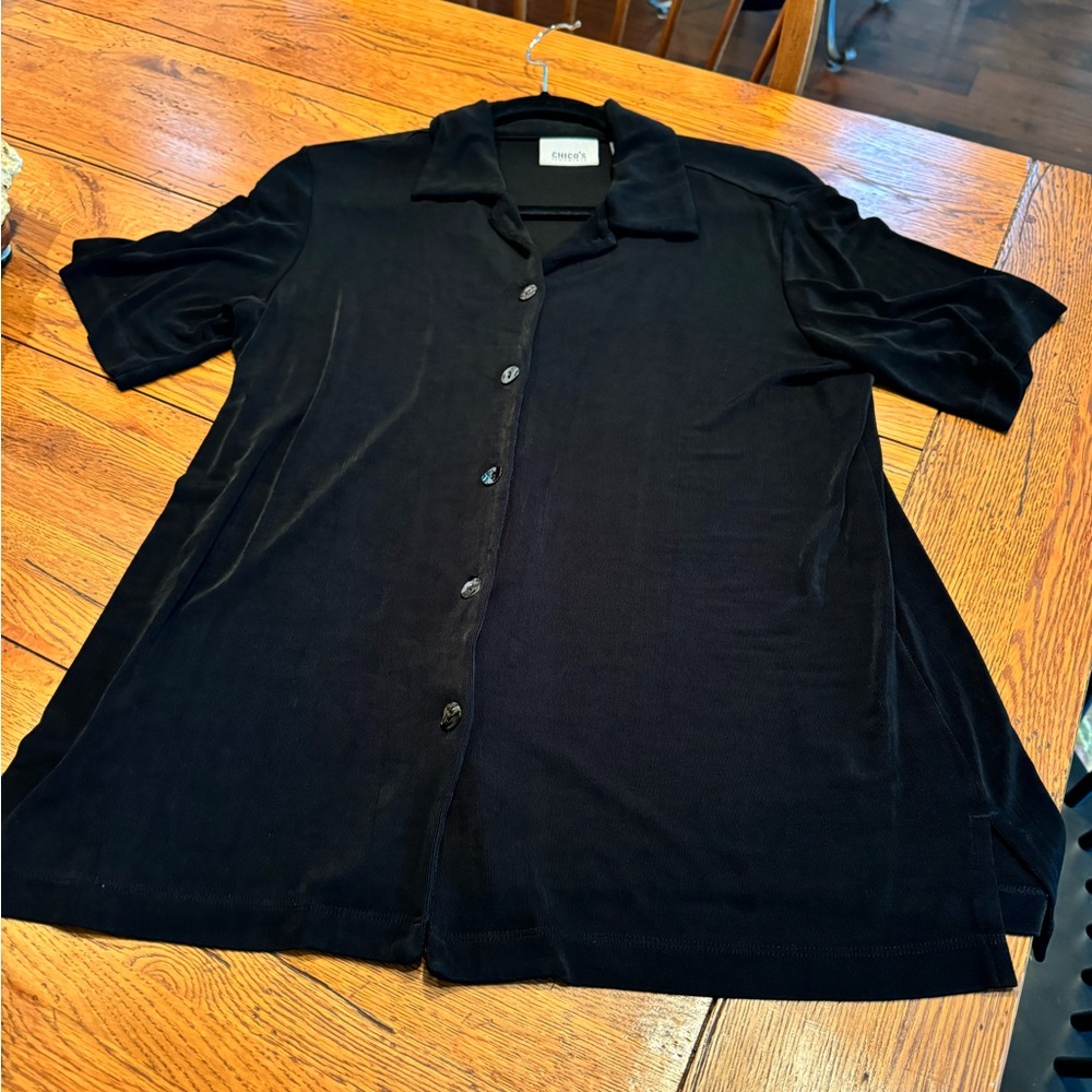 Chicos Black travelers short sleeve button down tunic . Made in the USA